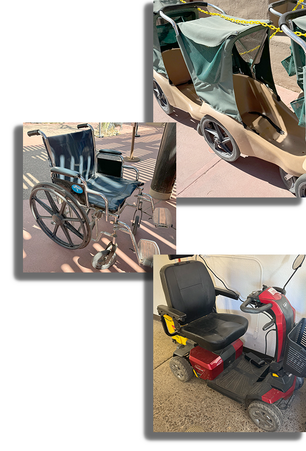 Photos of a stroller, a wheelchair, and an electric scooter